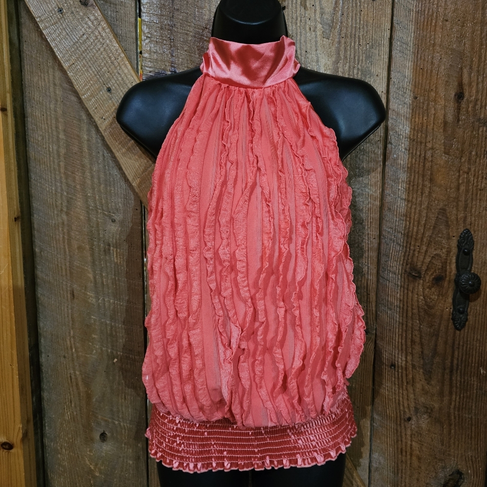 Cantata Ladies Medium Halter Top Coral Verticle Ruffle Made In USA